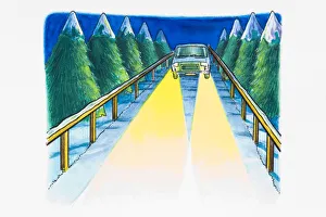 Car with bright headlights on driving along snow-covered road lined with trees Car with bright headlights on driving along snow-covered road lined with trees