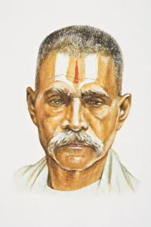 The Caribbeans, head of Asian man with grey moustache and forehead painted with red and white stripes, front view The Caribbeans, head of Asian man with grey moustache and forehead painted with red and white stripes, front view
