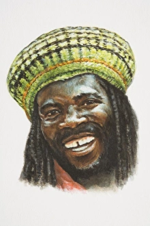 The Caribbeans, head of smiling Afro-Caribbean man with beard, moustache, dreadlocks and yellow hat, front view The Caribbeans, head of smiling Afro-Caribbean man with beard, moustache, dreadlocks and yellow hat, front view