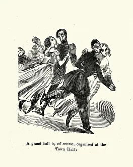 Caricature of couple dancing at a grand ball, Victorian cartoon, Gustave Dore Caricature of couple dancing at a grand ball, Victorian cartoon, Gustave Dore
