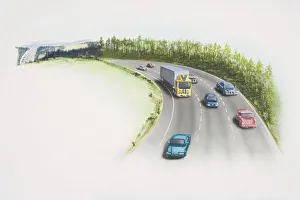 Cars and lorry driving along three-lane motorway cutting through countryside Cars and lorry driving along three-lane motorway cutting through countryside