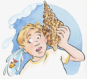 Cartoon of boy holding large conch shell to ear, with surprised expression as fish Cartoon of boy holding large conch shell to ear, with surprised expression as fish
