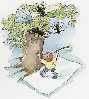 Cartoon of boy using stick make insect fall and fly from top of tree onto white sheet Cartoon of boy using stick make insect fall and fly from top of tree onto white sheet