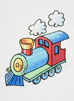 Cartoon, colourful steam train locomotive blowing steam out of its chimney, elevated view Cartoon, colourful steam train locomotive blowing steam out of its chimney, elevated view