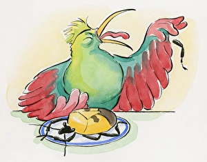 Cartoon of dead Shield bug on plate and chicken grimacing as it spits out a leg of Cartoon of dead Shield bug on plate and chicken grimacing as it spits out a leg of