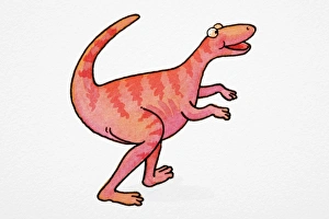 Cartoon depicting of dinosaur smiling and walking with upturned tail, side view Cartoon depicting of dinosaur smiling and walking with upturned tail, side view