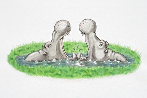 Images Dated 14th November 2006: Cartoon depiction of two hippopotamus in pool