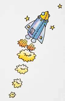 Cartoon, flying rocket blowing out flames and smoke from its exhaust Cartoon, flying rocket blowing out flames and smoke from its exhaust