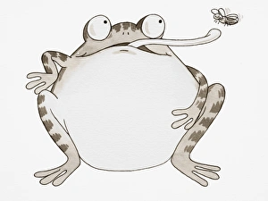 Cartoon, Frog looking up and sticking out its long tongue to catch Fly, front view Cartoon, Frog looking up and sticking out its long tongue to catch Fly, front view