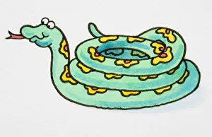 Cartoon, green snake with yellow pattern, coiled with its tongue sticking out, side view Cartoon, green snake with yellow pattern, coiled with its tongue sticking out, side view
