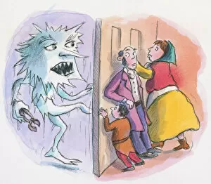 Mature Women Gallery: Cartoon of Jack Frost kicking door as family behind push to keep it closed