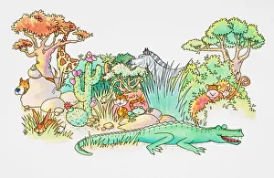 Cartoon, jungle scene with variety of animal species emerging from behind rocks and vegetation, Giraffe, Monkey, Zebra Cartoon, jungle scene with variety of animal species emerging from behind rocks and vegetation, Giraffe, Monkey, Zebra