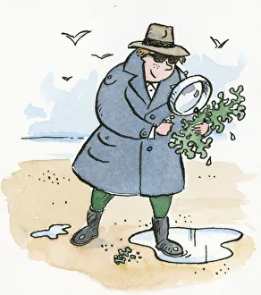 Cartoon of man dressed as detective looking at seaweed through magnifying glass Cartoon of man dressed as detective looking at seaweed through magnifying glass