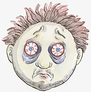 Human Face Gallery: Cartoon of man with messy hair, bags below bloodshot eyes, and stubble on face and chin
