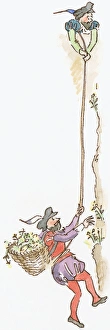 Cartoon of man wearing 16th century costume carrying basket of wildflowers on back Cartoon of man wearing 16th century costume carrying basket of wildflowers on back