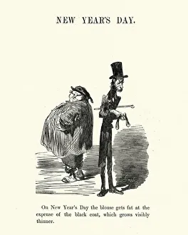Cartoon of New Years Day, the blouse gets fat, by Gustave Dore, Victorian 1860s, 19th Century caricature Cartoon of New Years Day, the blouse gets fat, by Gustave Dore, Victorian 1860s, 19th Century caricature