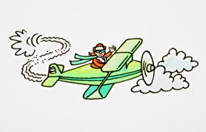 Airplane Gallery: Cartoon, pilot flying green open-topped aeroplane among clouds and waving