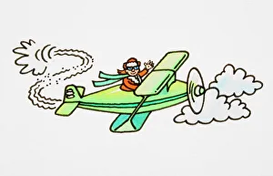 Cartoon, pilot flying green open-topped aeroplane among clouds and waving Cartoon, pilot flying green open-topped aeroplane among clouds and waving