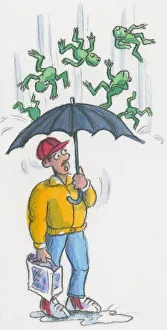 Cartoon representing raining frogs as man stands in puddle below umbrella looking up in Cartoon representing raining frogs as man stands in puddle below umbrella looking up in