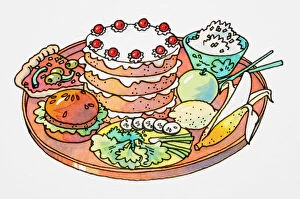 Cartoon, selection of foods on round tray, decorated layer cake, slice of pizza, hamburger, green salad