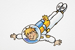 Cartoon, smiling blonde astronaut wearing spherical glass helmet and flaming rocket pack on his back Cartoon, smiling blonde astronaut wearing spherical glass helmet and flaming rocket pack on his back