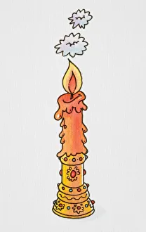 Cartoon, smiling candle on ornate gold candlestick Cartoon, smiling candle on ornate gold candlestick