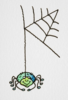Cartoon, smiling green spider dangling on strand from web, front view Cartoon, smiling green spider dangling on strand from web, front view