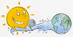 Cartoon of smiling sun catching sea as it flows from globe of the word Cartoon of smiling sun catching sea as it flows from globe of the word