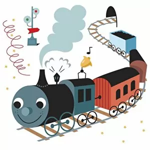 Bells Gallery: Cartoon steam train emerging from tunnel, smiling face at front of locomotive