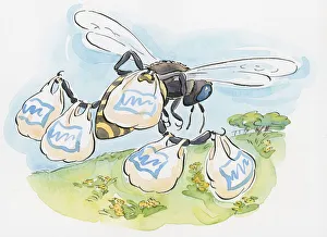 Cartoon of worker bee carrying shopping bags containing pollen on legs as it flies to hive Cartoon of worker bee carrying shopping bags containing pollen on legs as it flies to hive