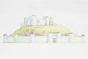 Castle on mound overlooking settlement surrounded by town wall Castle on mound overlooking settlement surrounded by town wall