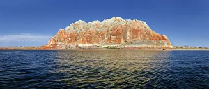 Castle Rock, red sandstone cliffs, rock formations in Wahweap Bay on Lake Powell, Page Castle Rock, red sandstone cliffs, rock formations in Wahweap Bay on Lake Powell, Page