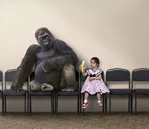 Banana Gallery: Caucasian girl offering banana to gorilla