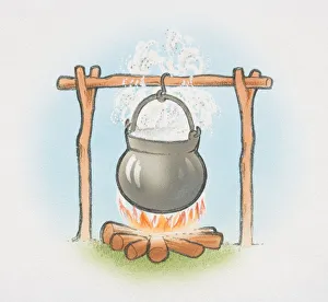 Cauldron boiling over open fire, front view Cauldron boiling over open fire, front view