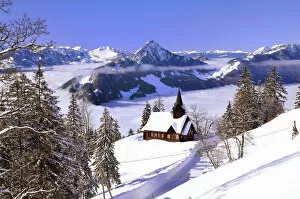 High Mountain Range Gallery: Chapel in winter with view on the Hochflue and the Central Swiss Alps, Haggenegg, Canton of Schwyz