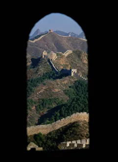 China, Jinshanling section of Great Wall, view from watch tower window China, Jinshanling section of Great Wall, view from watch tower window