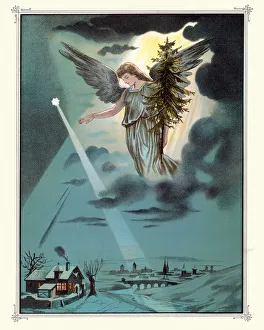 Christmas night, Angel carrying a Christmas tree, Victorian vintage illustration Christmas night, Angel carrying a Christmas tree, Victorian vintage illustration