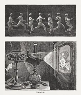 Chronophotograph (running man) a and Praxinoscope, wood engravings, published 1888 Chronophotograph (running man) a and Praxinoscope, wood engravings, published 1888