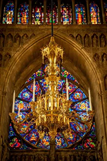 Church painted glass and Chandelier on Notre-Dame de Reims, Reims Cathedral Church painted glass and Chandelier on Notre-Dame de Reims, Reims Cathedral