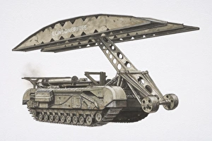 Churchill Bridgelayer tank with hull removed and bridge attached to a hinged arm, side view Churchill Bridgelayer tank with hull removed and bridge attached to a hinged arm, side view