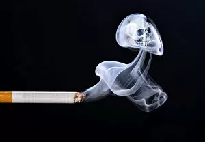 Images Dated 31st December 2012: Cigarette with smoke and a skull, smoking kills, symbolic image of death from smoking, Germany