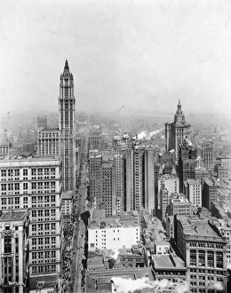 circa 1925: High angle view, looking north, of skyscrapers and traffic on Broadway circa 1925: High angle view, looking north, of skyscrapers and traffic on Broadway