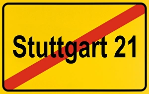 City limit sign, symbolic image, protest against the rail project Stuttgart 21 City limit sign, symbolic image, protest against the rail project Stuttgart 21