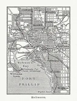 City map of Melbourne, Australia, wood engraving, published in 1897