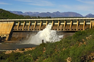 Clanwilliam Dam on the Olifants River with open flood gates, Clanwilliam, Western Cape, South Africa, Africa Clanwilliam Dam on the Olifants River with open flood gates, Clanwilliam, Western Cape, South Africa, Africa