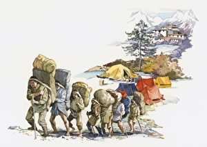 Climbers and Sherpas carrying equipment on back as they climb Everest Climbers and Sherpas carrying equipment on back as they climb Everest