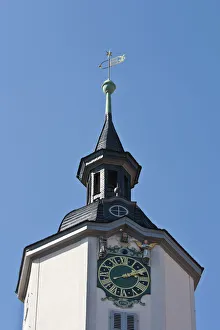 Clock with mechanical figures, tower of city hall, market square, Jena, Thuringia, Germany, Europe Clock with mechanical figures, tower of city hall, market square, Jena, Thuringia, Germany, Europe