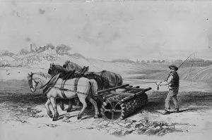 <b class=qtipBold><figcaption>Clod Crusher</figcaption></b><br>1848: A farmer works the land with Crosskill's Clod-Crusher, drawn by three horses. Original Artist: By J W McLea and J Bower. (Photo by Hulton Archive/Getty Images) Clod Crusher