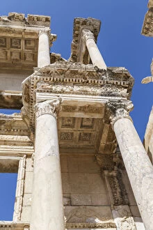 A close up cropped low angle view of the Library of Celsus at the Ephesus ancient city historic site