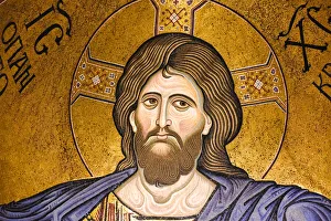 Close-up of Monreale Cathedral with prominent Christ Pantocrator mosaic in the apse at Close-up of Monreale Cathedral with prominent Christ Pantocrator mosaic in the apse at